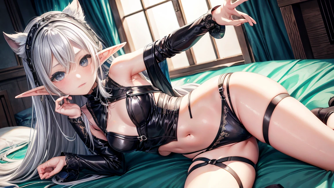 Elf Girl、8-year-old、Medium-long silver hair、Silver Eyes、Black underwear、Seductive expression、Open legs and crotch visible