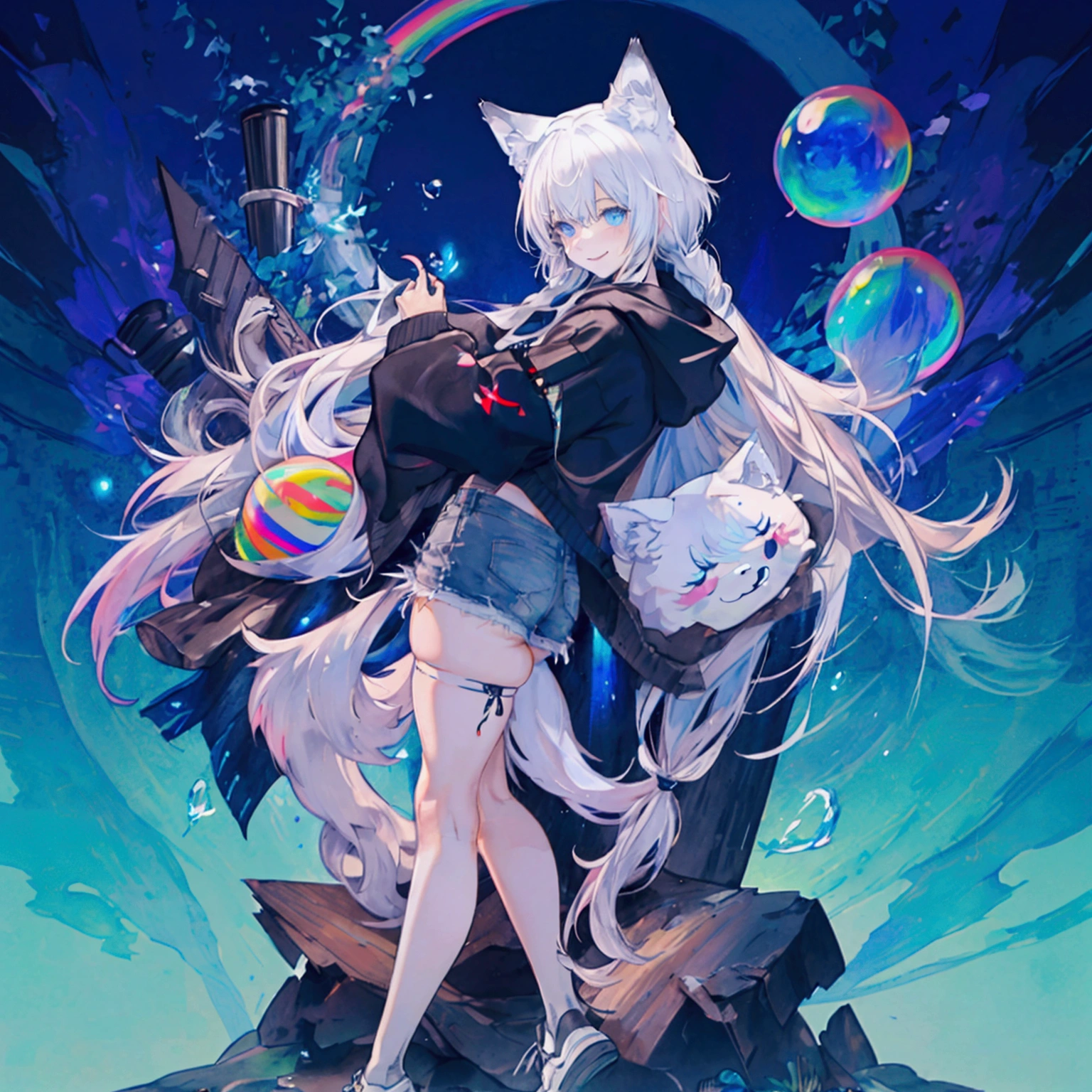 a cute adult male with wolf ears, long white hair, long locks, has a wolf tail, wearing a loose cropped black hoodie, wearing a pair of denim short shorts and fishnet stockings, thick thighs, wide hips, short, showing slender tummy, heart on hoodie, squishy thighs, has glowing blue eyes. alone, solo (ALONE)(SOLO), surrounded by rainbows, colorful galaxy backround, smiling, ontop of a pile of fluffy plushes, plushies everywhere, kawaii plushies, surrounded by bubbles, surrounded by rainbow leaves, standing up dancing, thicc thighs, has giant ears