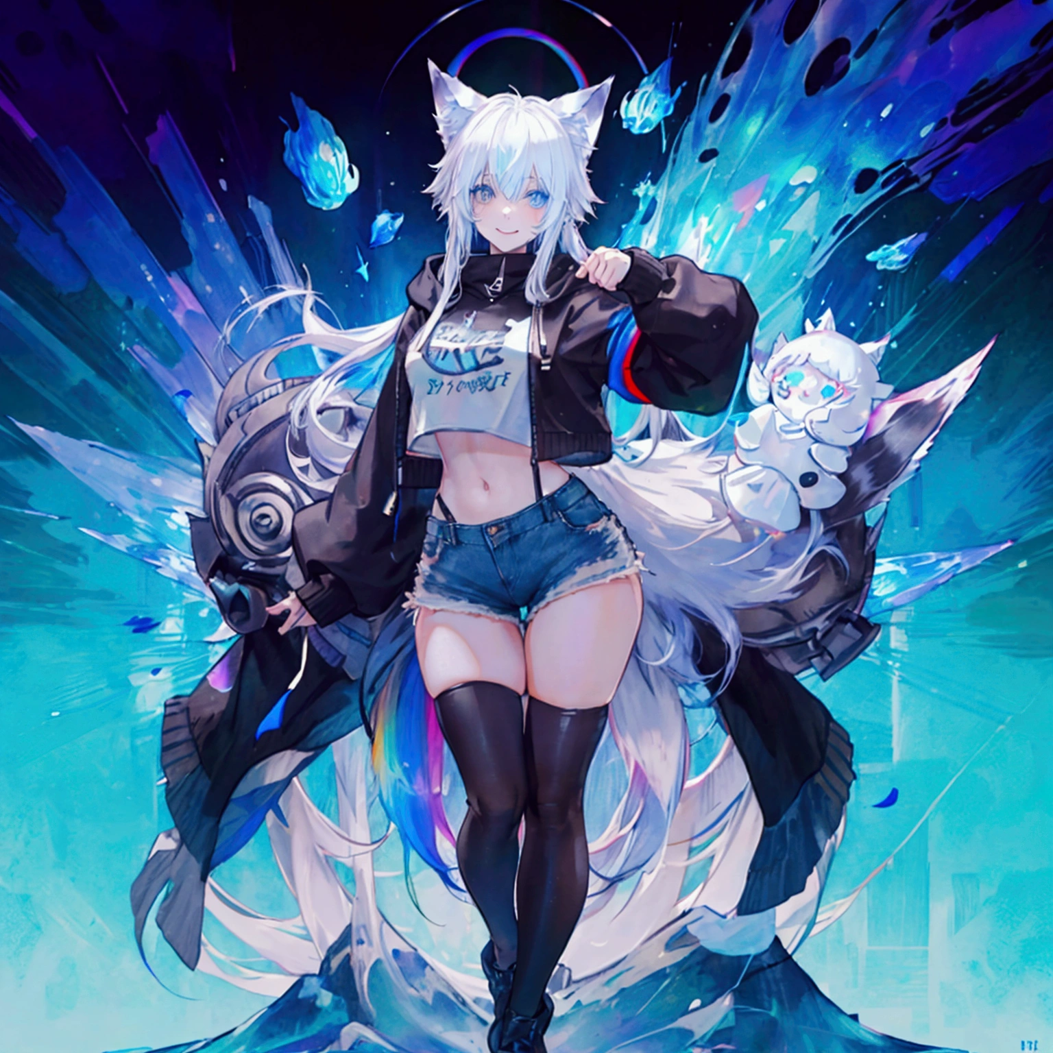 a cute adult male with wolf ears, long white hair, long locks, has a wolf tail, wearing a loose cropped black hoodie, wearing a pair of denim short shorts and fishnet stockings, thick thighs, wide hips, short, showing slender tummy, heart on hoodie, squishy thighs, has glowing blue eyes. alone, solo (ALONE)(SOLO), surrounded by rainbows, colorful galaxy backround, smiling, ontop of a pile of fluffy plushes, plushies everywhere, kawaii plushies, surrounded by bubbles, surrounded by rainbow leaves, standing up dancing, thicc thighs, has giant ears