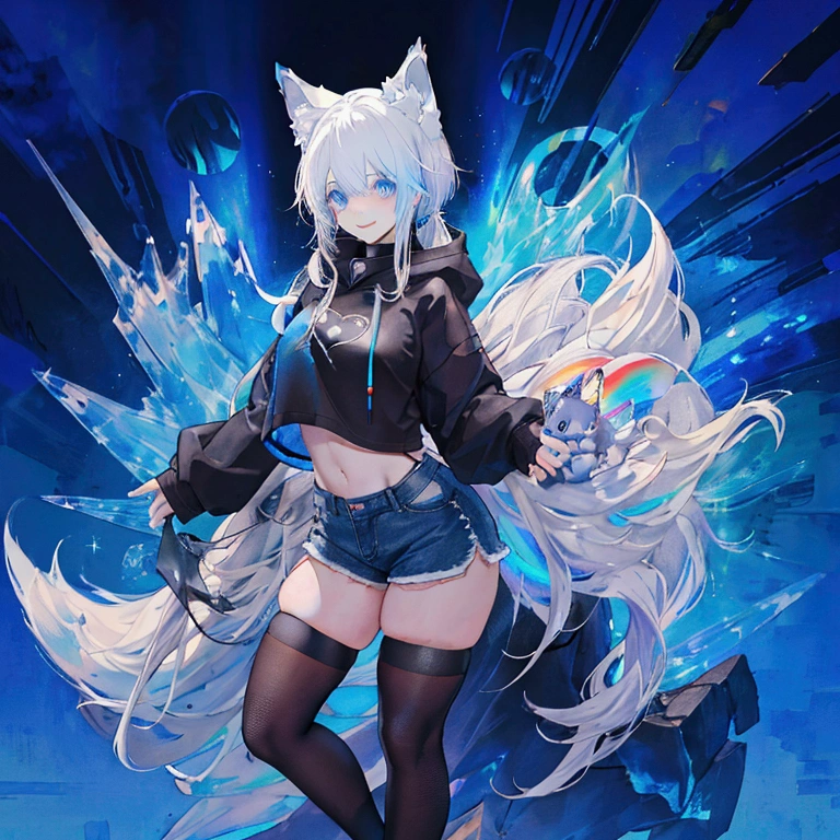 a cute adult male with wolf ears, long white hair, long locks, has a wolf tail, wearing a loose cropped black hoodie, wearing a pair of denim short shorts and fishnet stockings, thick thighs, wide hips, short, showing slender tummy, heart on hoodie, squishy thighs, has glowing blue eyes. alone, solo (ALONE)(SOLO), surrounded by rainbows, colorful galaxy backround, smiling, ontop of a pile of fluffy plushes, plushies everywhere, kawaii plushies, surrounded by bubbles, surrounded by rainbow leaves, standing up dancing, thicc thighs, has giant ears