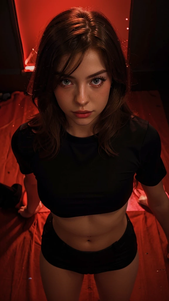 1 woman, photographed, ((photo with red flash, red flash from the front)), ((dark night)), ((she is in a nightclub)), disco in the background, party, ((red lighting) ), red environment, darkness in the background, the character is illuminated with the red flash of the camera, ((red light)), ((red light illuminating the woman)), Oversized sweatshirt, Oversized shirt, sweatpants, ((Night club)), ((from above, Fisheye, Wide angle shot)), (photorealistic:1.2), (ultrarealistic:1.3), (highly detailed:1.1), ((Masterpiece)) pale skin, blonde hair, ((red light coming between the character))