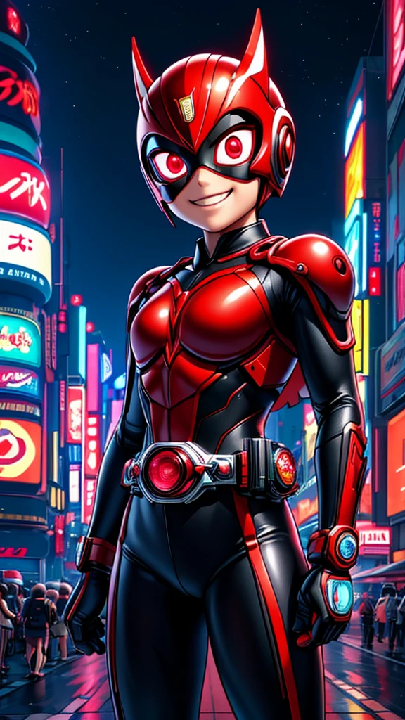 (8k),(masterpiece),(Japanese),(8-year-old girl),((innocent look)),((Childish)),From the front,smile,cute,Innocent,Kind eyes,Flat chest,red helmet,red domino mask,Anna, bald,no Hair,Strong wind,night,dark, Neon light cyberpunk city,Kamen_Rider,camisa