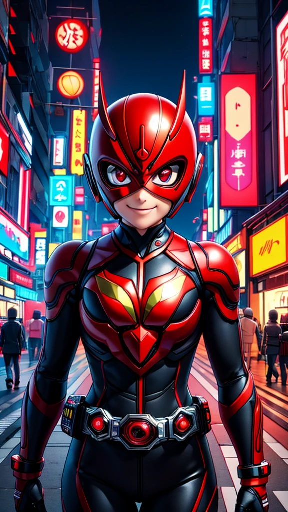 (8k),(masterpiece),(Japanese),(8-year-old girl),((innocent look)),((Childish)),From the front,smile,cute,Innocent,Kind eyes,Flat chest,red helmet,red domino mask,Anna, bald,no Hair,Strong wind,night,dark, Neon light cyberpunk city,Kamen_Rider,camisa