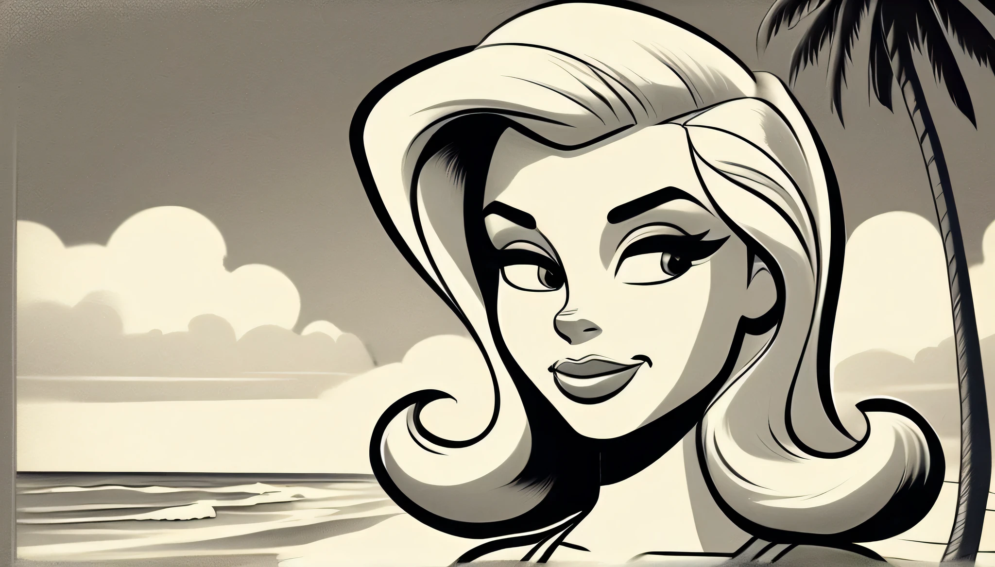 black and white vintage cartoon of a Flat colors, close up, Portrait of a 25 year old surfer girl, tan skin, beach blonde salty hair, natural beaty, beautiful, casual, pocket Tee shirt, Cleavage, (([Dark Grey Background])) 