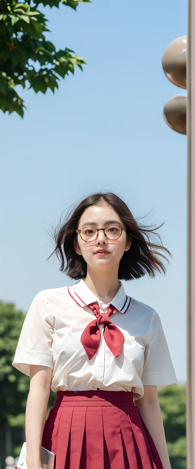 (((Round face))), ((blush, Droopy eyes)), ((Stylish glasses, Strange pose, Showing some pubic hair and genitalia)), young woman, White summer shirt, Red ribbon, Pleated skirt, uniform, school bag, short hair, Swollen areola, at the park, skyscraper, Strong sunlight,