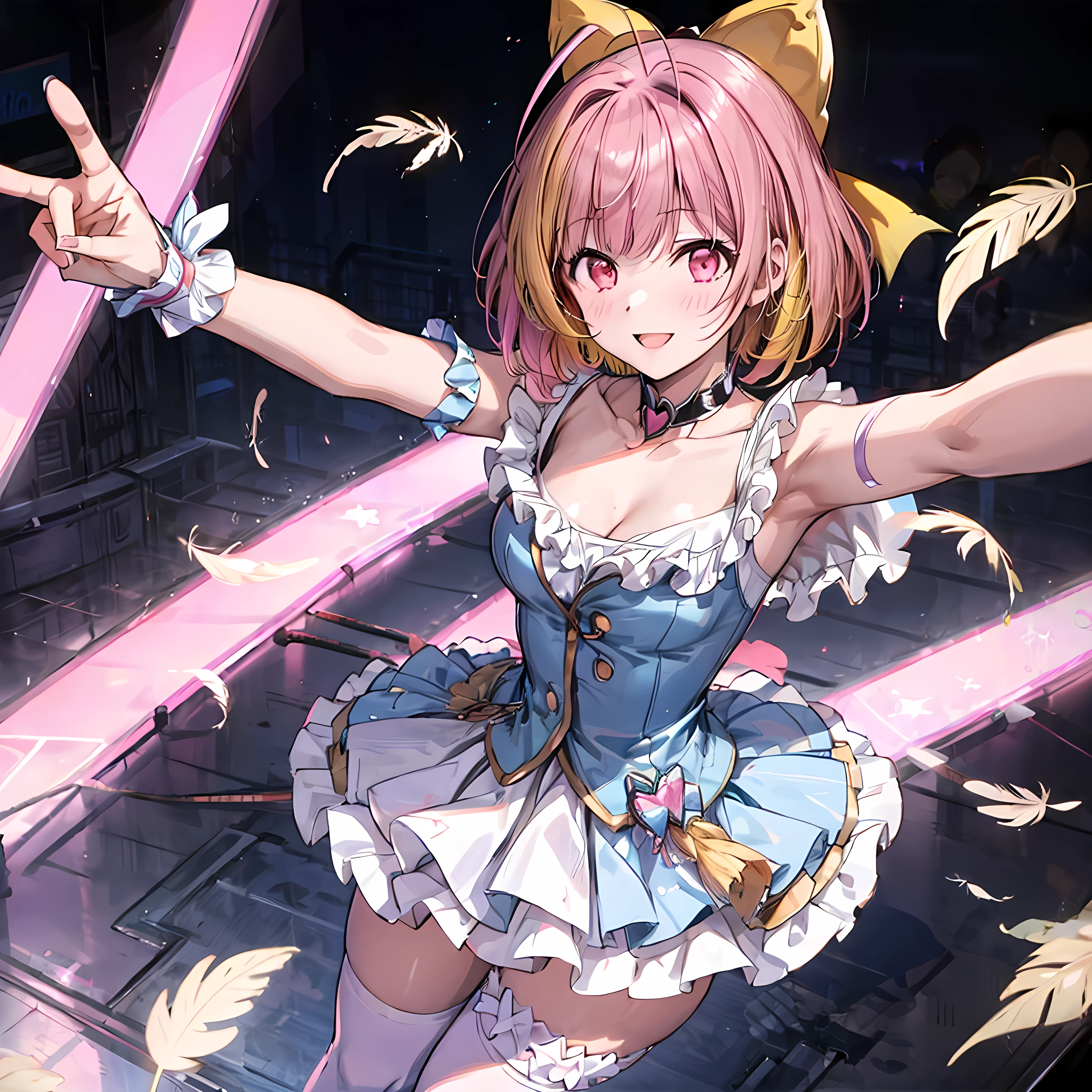 (Highest quality),(masterpiece:1.2), Perfect Anatomy, Anatomically correct, absurdes, Nakagawa Kanon, idol , One girl, B86, W56, H85, break white dress, White sports bra, White skirt break, sing, Colorful neon lights shining, on stage, Smile with confidence, From above, (hmcanon), ( pink hair, short hair, antenna hair), BREAK (Hair Ribbon, yellow hair bow:1.2) BREAK, (pink eyes), Exposing shoulders, No sleeve, (White knee socks), Smooth, btbs, idol stage, Cognitive resonance, Sharp focus, Selfie, nightpool, Heart effect:1.2, magic circle,  White feathers fluttering in the air,