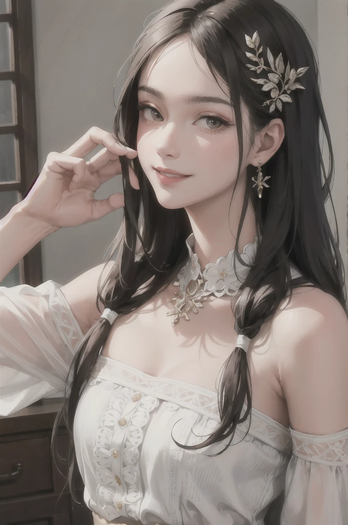 (masterpiece:1.2, best quality), (real picture, intricate details), 1lady, solo, upper body, casual, long hair, minimal makeup, natural fabrics, close-up face, smile, home