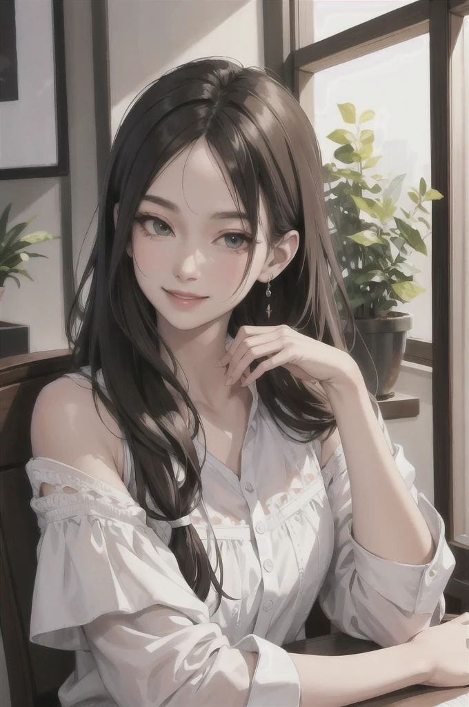 (masterpiece:1.2, best quality), (real picture, intricate details), 1lady, solo, upper body, casual, long hair, minimal makeup, natural fabrics, close-up face, smile, home