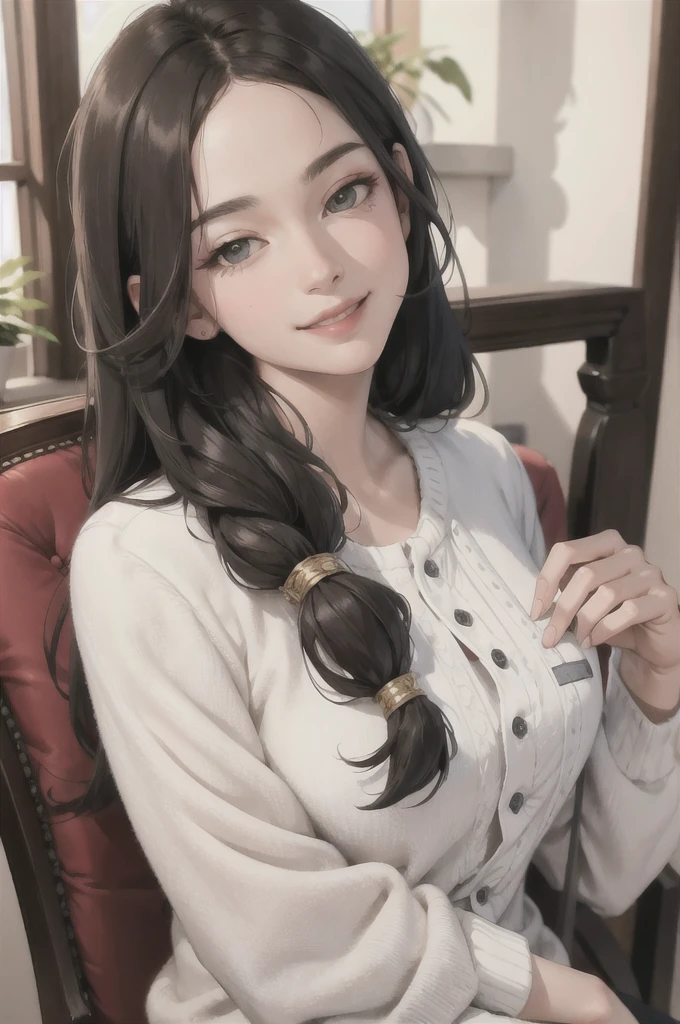 (masterpiece:1.2, best quality), (real picture, intricate details), 1lady, solo, upper body, casual, long hair, minimal makeup, natural fabrics, close-up face, smile, home