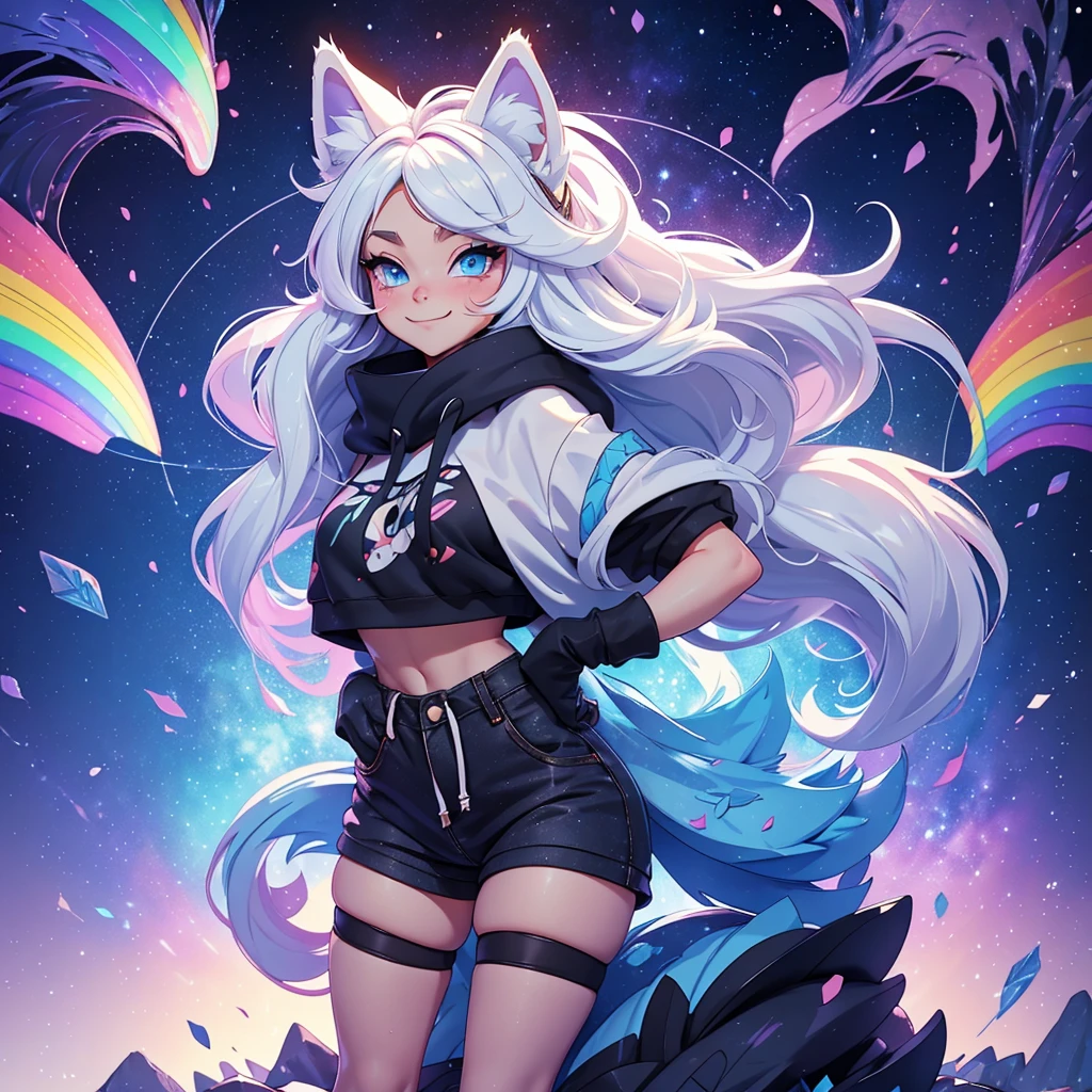 a cute adult male with wolf ears, long white hair, long locks, has a wolf tail, wearing a loose cropped black hoodie, wearing a pair of denim short shorts and fishnet stockings, thick thighs, wide hips, short, showing slender tummy, heart on hoodie, squishy thighs, has glowing blue eyes. alone, solo (ALONE)(SOLO), surrounded by rainbows, colorful galaxy backround, smiling, ontop of a pile of fluffy plushes, plushies everywhere, kawaii plushies, surrounded by bubbles, surrounded by rainbow leaves, standing up dancing, thicc thighs, has giant ears