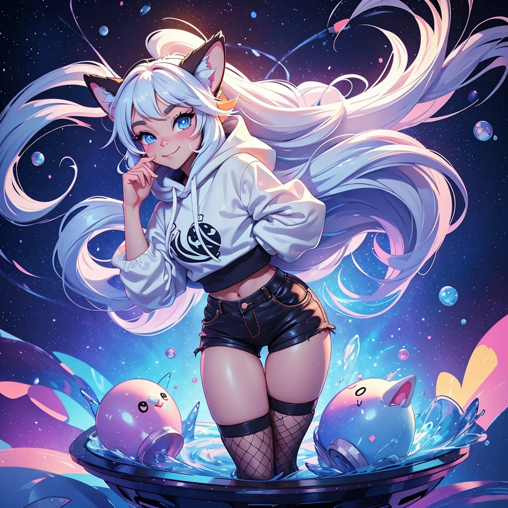 a cute adult male with wolf ears, long white hair, long locks, has a wolf tail, wearing a loose cropped black hoodie, wearing a pair of denim short shorts and fishnet stockings, thick thighs, wide hips, short, showing slender tummy, heart on hoodie, squishy thighs, has glowing blue eyes. alone, solo (ALONE)(SOLO), surrounded by rainbows, colorful galaxy backround, smiling, ontop of a pile of fluffy plushes, plushies everywhere, kawaii plushies, surrounded by bubbles, surrounded by rainbow leaves, standing up dancing, thicc thighs, has giant ears