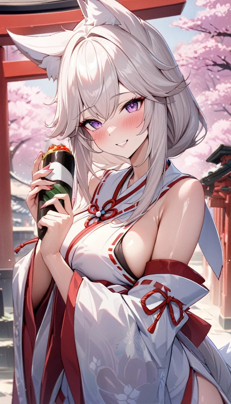 (((best quality)), ((masterpiece)), (details), masterpiece, best quality, high quality, ulutra detailed, perfect face, Yae Shrine Maiden、Genshin Impact、Sideboob、Fox Pose、Shiny Hair、Glowing Skin、blush、Lustful look、smile、Background of a shrine with cherry blossoms in full bloom、torii、Holding inari sushi、