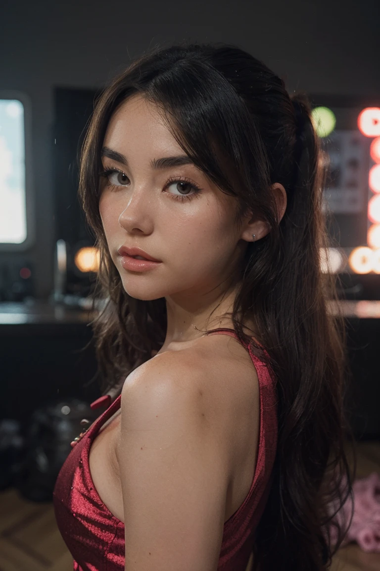 a close up of (1girl, solo, realistic) madisonbeer-smf in a red dress, (tipo de cuerpo pequeño:1.1), (petite body), multiple angles, charli xcx, ava max, bella poarch, she looks like a mix of grimes, charli bowater, sexy look, billie eilish, madison beer as leeloo, portrait of kim petras, 18 years old, the super hot and sexy, looks a blend of grimes