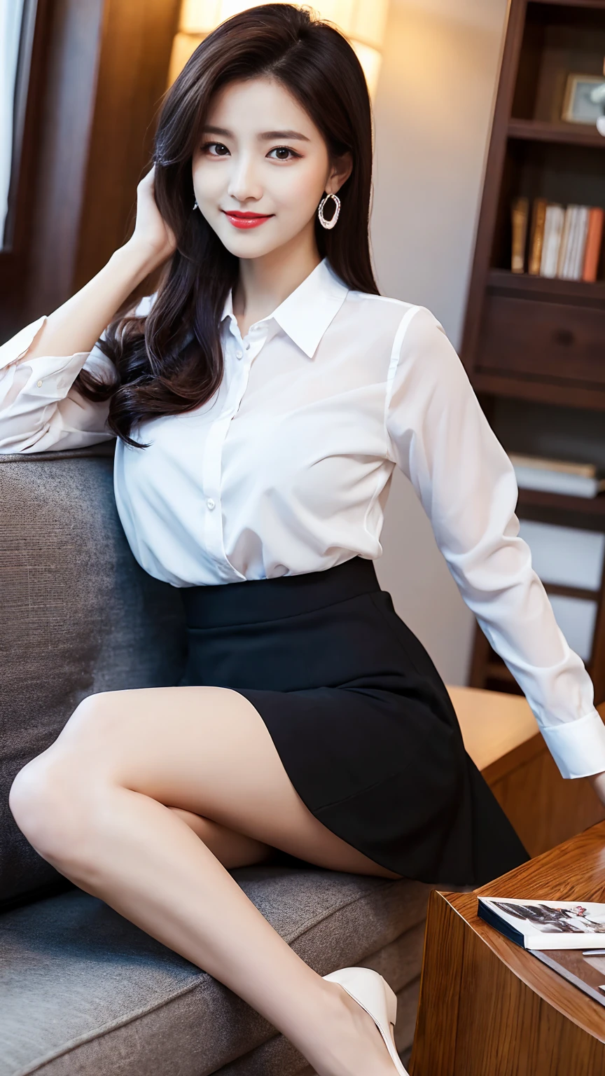 career woman、Heavy makeup、Bright red lips,masterpiece,best quality,ultra detailed,highres,high-resolution,4K,realistic,RAW photo,((real person)),portrait photography,photorealistic,detailed skin,(delicate black eyes ), A soothing woman with sagging eyes,Calm and calm, middle hair,skinny,clothing,The wind is blowing,tareme、Highest quality、Realistic characters、A reception room on the top floor of a high-rise building、secretary、Office lady suit、mini skirt、CHANELWind、Byheel、Beautiful legs、Sitting on the sofa、Panty shot、elegant、Perfect Makeup、Beautiful décolleté、Anatomically correct、eight-headed body、Beautiful posture、Japanese、nice smile、Bright red lips、The perfect dress shirt