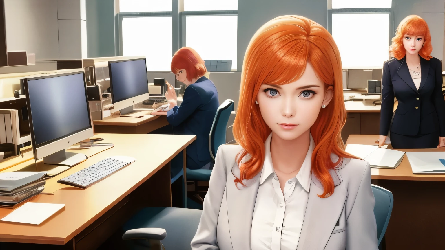 /draw orange hair woman green eyes sitting at desk talking on telephone with computer monitor, 1 9 8 0 s vaporwave business fashion, business woman, 1 9 8 0 s woman, woman in business suit, young business woman, denis velleneuve, female in office dress, sat at her desk, female lawyer, wearing a strict business suit, serious business, working hard, portrait of kim wexler