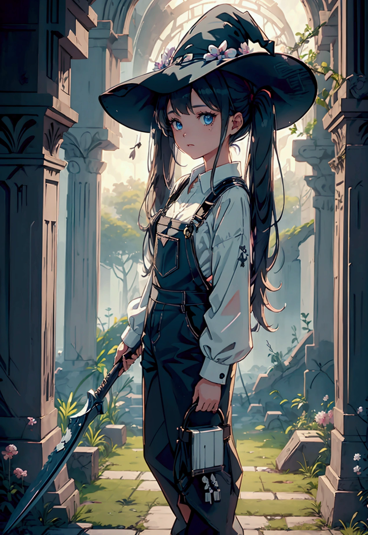a girl with twin tails wearing a white shirt, overalls, with angel wings and a witch hat, holding a sci-fi scythe, standing in ancient ruins surrounded by flowers, intricate details, cinematic lighting, fantasy, anime style, 8k, high quality, dynamic scene