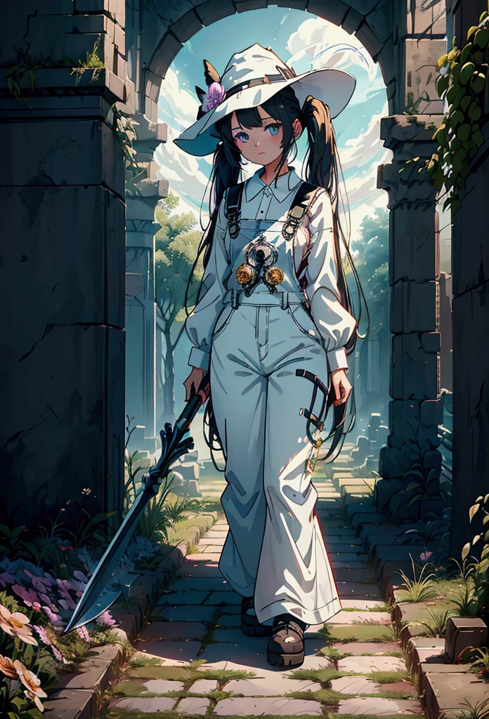 a girl with twin tails wearing a white shirt, overalls, with angel wings and a witch hat, holding a sci-fi scythe, standing in ancient ruins surrounded by flowers, intricate details, cinematic lighting, fantasy, anime style, 8k, high quality, dynamic scene