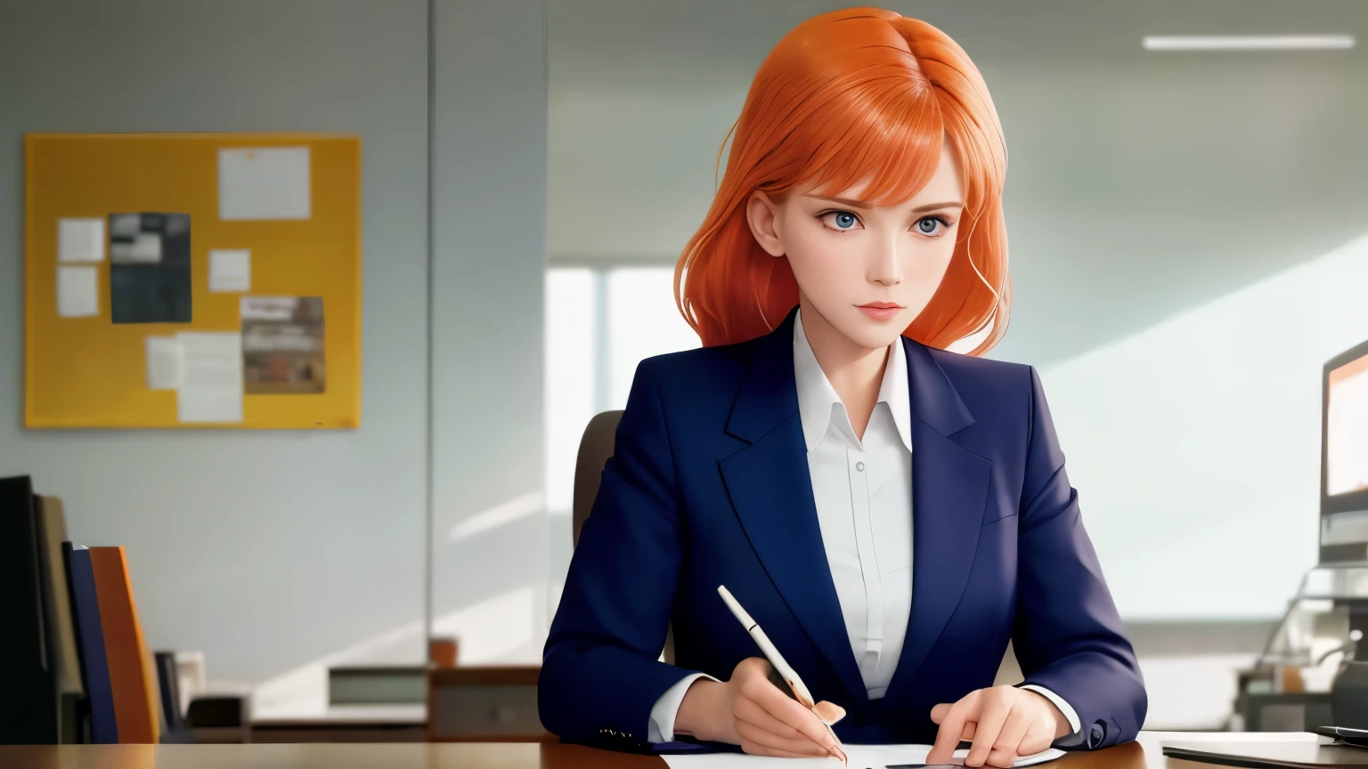 /draw orange hair woman green eyes sitting at desk talking on telephone with computer monitor, 1 9 8 0 s vaporwave business fashion, business woman, 1 9 8 0 s woman, woman in business suit, young business woman, denis velleneuve, female in office dress, sat at her desk, female lawyer, wearing a strict business suit, serious business, working hard, portrait of kim wexler