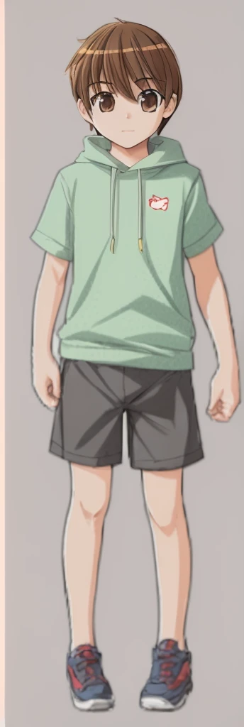 A cute, beautiful boy in fifth grade is standing in shorts that are too short。