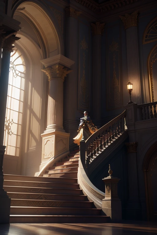 A valiant hero, characterized by their chiseled features and unwavering determination, is depicted as they ascend a spiraling staircase. The hero's expression is a blend of determination and resolve, as they push against the weight of seemingly insurmountable obstacles. Cinematic lighting casts dramatic shadows across the landscape, illuminating every intricate detail of both the hero and the elaborate staircase.
The use of volumetric lighting adds depth and a sense of dimension, as rays of light filter through the open windows and dance around the architectural elements. The digital art is highly detailed, with every curve, crevice, and texture painstakingly rendered to produce a photore