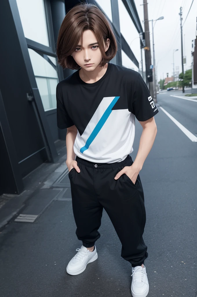 An image of an anime style character with brown hair and black eyes and a dark blue shirt and black pants and white shoes and the image background is light blue