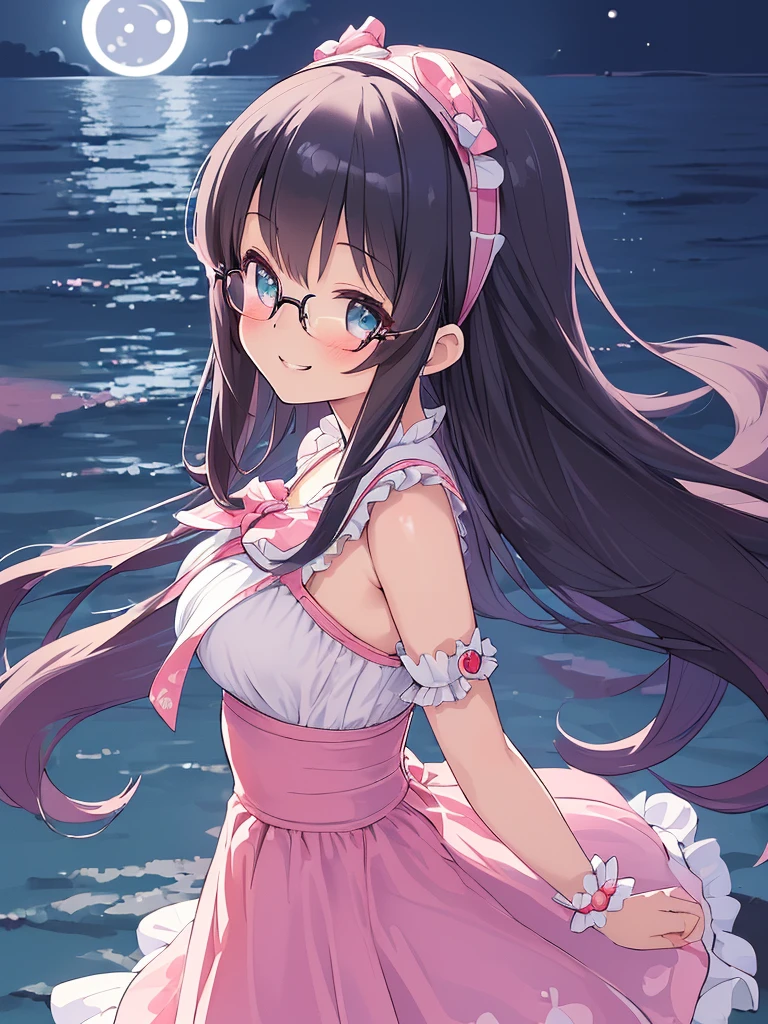 ((masterpiece)), ((best quality)), (ultra-detailed), ((kawaii)), cute, (lovely), illustration, anime style, 1girl, cute girl, solo, (from side:1.3), (midnight:1.4), (moonlight:1.6), (beautiful eyes), beautiful black hair, (long hair), (horseshoe-shaped hairband), slim, slender, glasses, medium breast, (seductive smile:1.4).