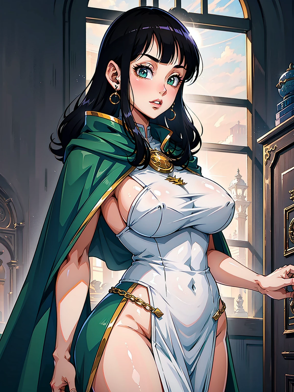 black hair,sorceress,white lock,fit,green cloak,big ass and tits
