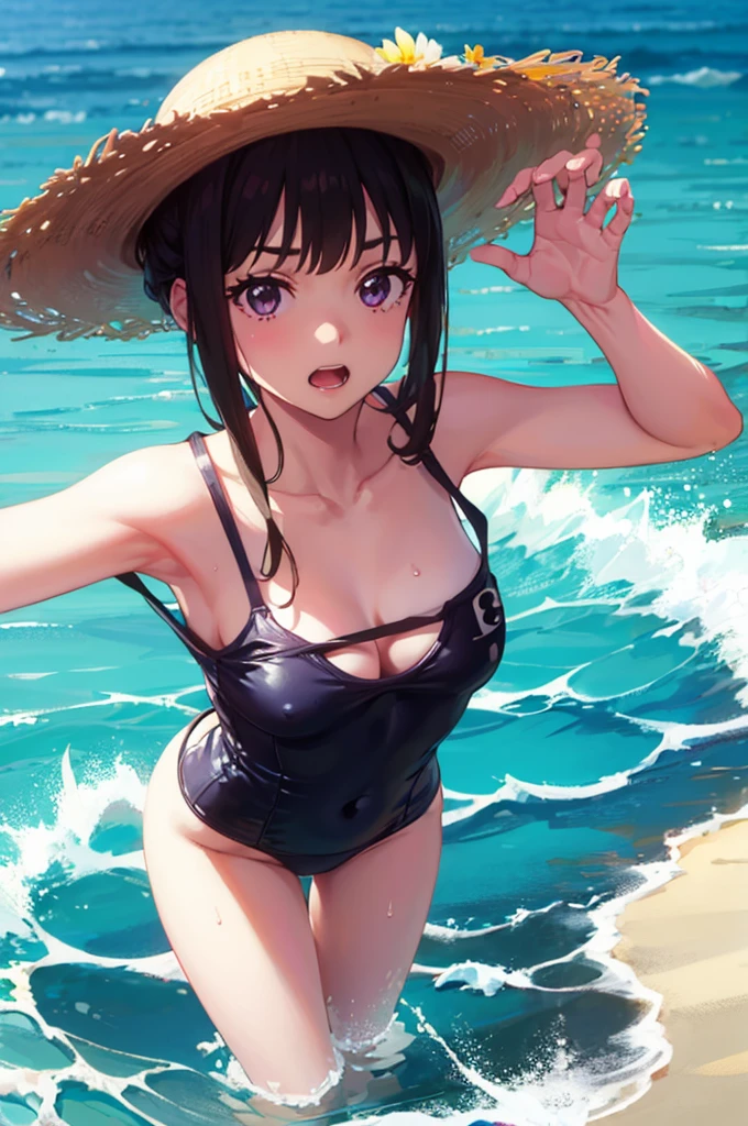 Random patterned swimsuit、Random Swimsuit、Swimsuits in random colors、Random pose、、Acme Face、Random pose、, Pale purple eyes、Semi-long hair、Black Hair、Sandy Beach、、、nsfw、Highest quality、1 girl、solo、Ocean、Sexy pose、Random pose、Blushing、wet、Embarrassed、I can see half of my 、、One Piece Swimwear、(Strap slip:1.3)、Swimsuits in random colors、Swimwear