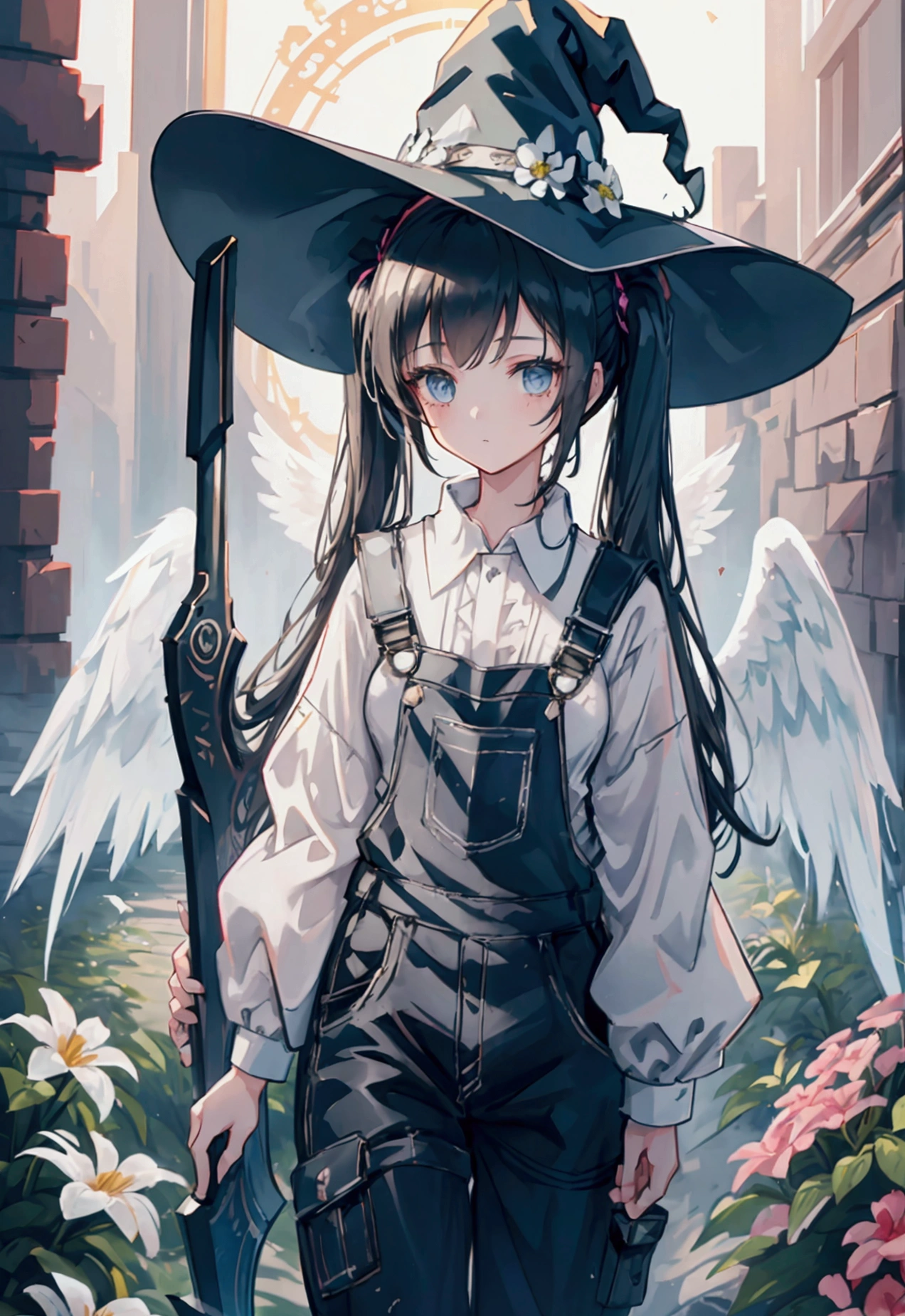 a girl with twin tails wearing a white shirt, overalls, with angel wings and a witch hat, holding a sci-fi scythe, standing in ancient ruins surrounded by flowers, intricate details, cinematic lighting, fantasy, anime style, 8k, high quality, dynamic scene
