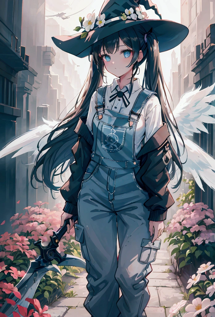 a girl with twin tails wearing a white shirt, overalls, with angel wings and a witch hat, holding a sci-fi scythe, standing in ancient ruins surrounded by flowers, intricate details, cinematic lighting, fantasy, anime style, 8k, high quality, dynamic scene