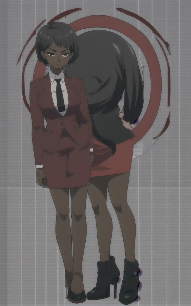 Dark skinned business women in a red blazer skirt suit with a blouse underneath with short black hair ceo full body