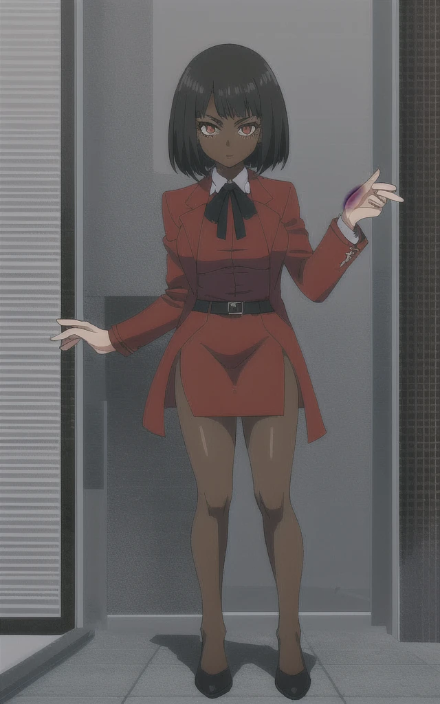 Dark skinned business women in a red blazer skirt suit with a blouse underneath with short black hair ceo full body