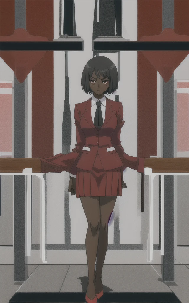 Dark skinned business women in a red blazer skirt suit with a blouse underneath with short black hair ceo full body