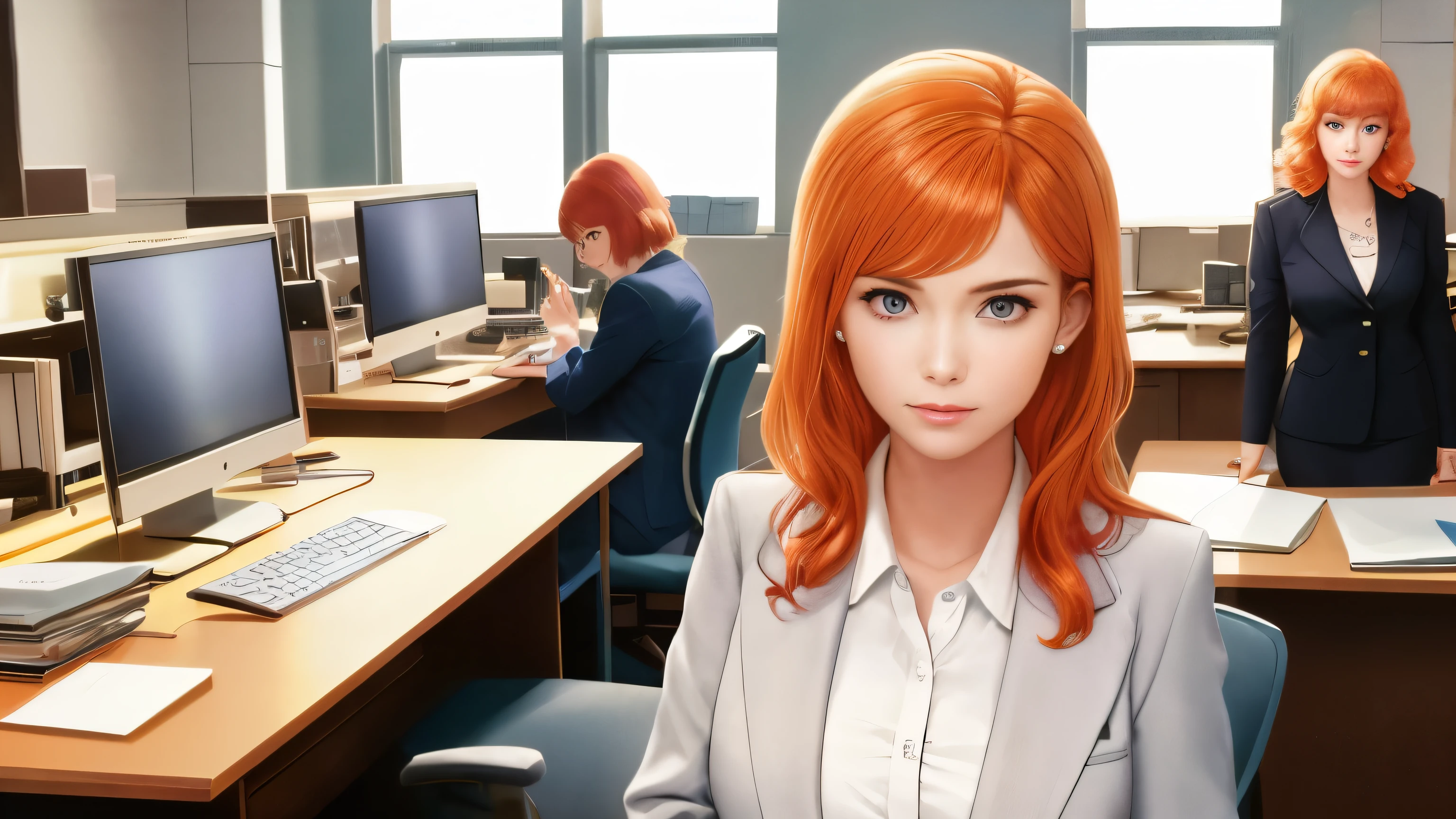 /draw orange hair woman green eyes sitting at desk talking on telephone with computer monitor, 1 9 8 0 s vaporwave business fashion, business woman, 1 9 8 0 s woman, woman in business suit, young business woman, denis velleneuve, female in office dress, sat at her desk, female lawyer, wearing a strict business suit, serious business, working hard, portrait of kim wexler