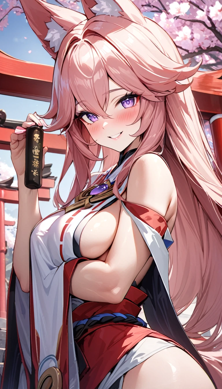 (((best quality)), ((masterpiece)), (details), masterpiece, best quality, high quality, ulutra detailed, perfect face, Yae Shrine Maiden、Genshin Impact、Sideboob、Fox Pose、Shiny Hair、Glowing Skin、blush、Lustful look、smile、Priestess Costume、Background of a shrine with cherry blossoms in full bloom、torii、Holding inari sushi、