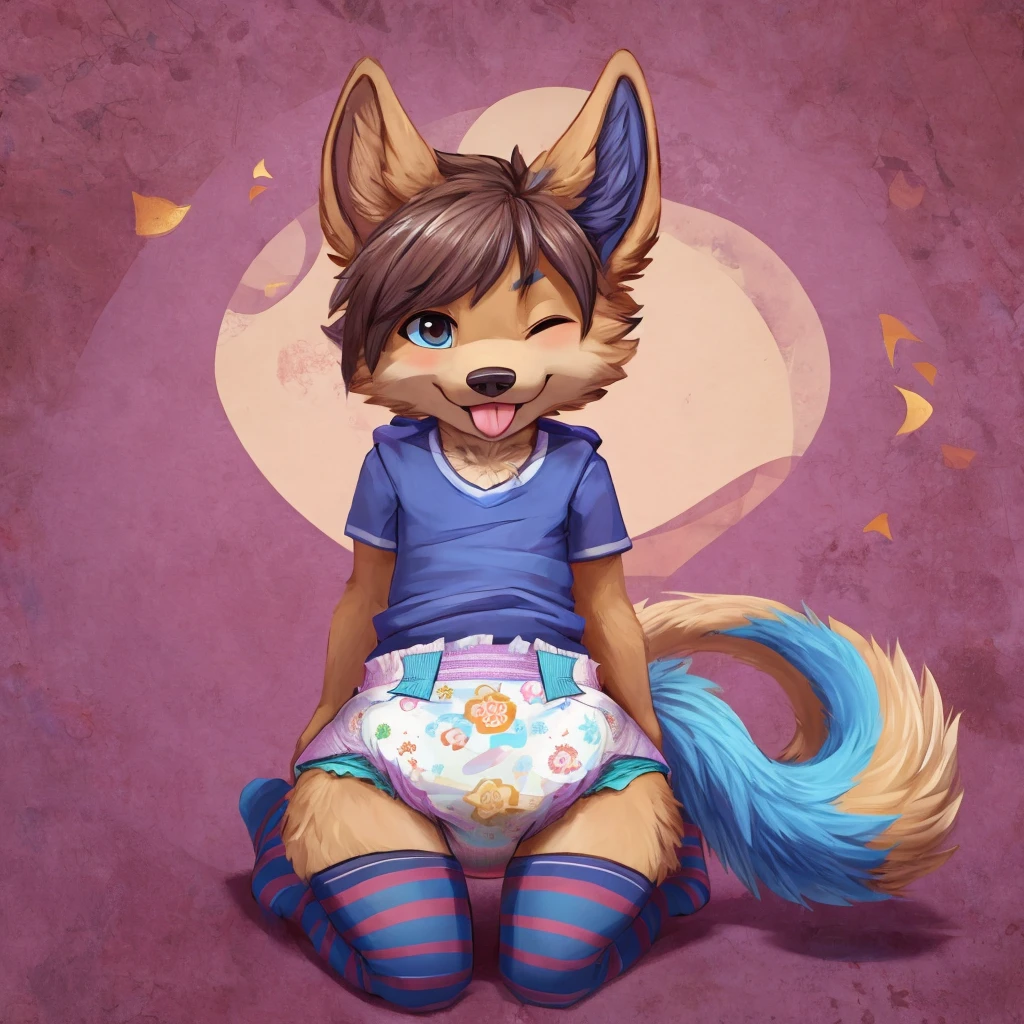 Anthropomorphic male canine, twirl tail, fullbody view, solo, on knees, digital art, different views, wearing long socks and a soiled , looking at viewer, one eye closed, tongue out, messy 
