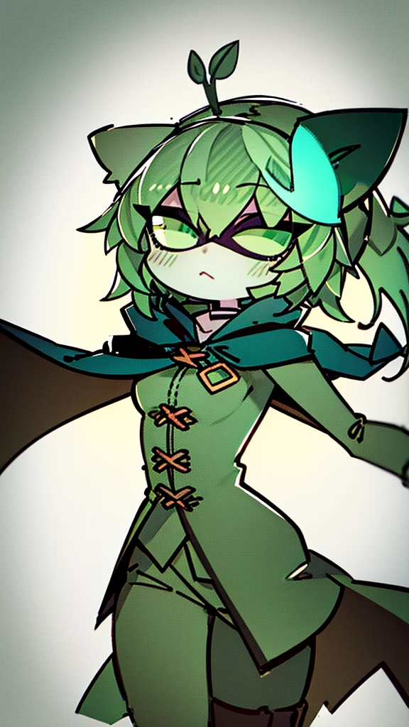 ult
18:16:49
green hair, green sclera, green eyes, colored skin, green skin, domino mask, cape, hood black jacket, brown pants leaf, crossed arms, blushing, chibi