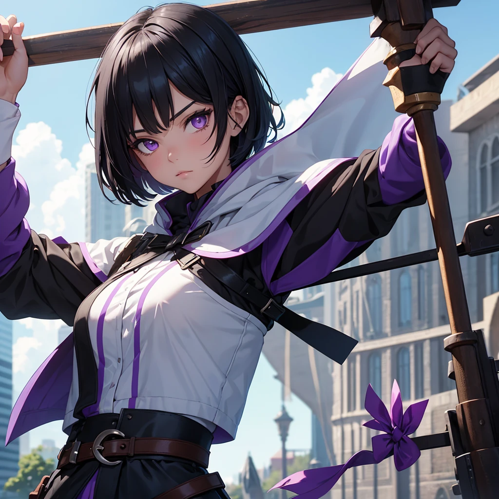 a girl with short jetblack hair and purple eyes like amethyst, she is an Archer and an Alchemist in a magical world she is , don't make her look sexy , and fucos more on her facial features.
she have white skin and also a cute face . The position is she Reeling the bow. This picture would be used as a profile on discord