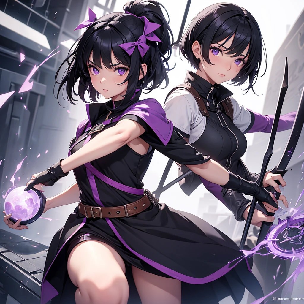 a girl with short jetblack hair and purple eyes like amethyst, she is an Archer and an Alchemist in a magical world she is 16 years old, don't make her look sexy , and fucos more on her facial features.
she have white skin and also a cute face . The position is she Reeling the bow. This picture would be used as a profile on discord 