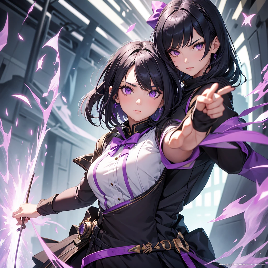 a girl with short jetblack hair and purple eyes like amethyst, she is an Archer and an Alchemist in a magical world she is 16 years old, don't make her look sexy , and fucos more on her facial features.
she have white skin and also a cute face . The position is she Reeling the bow. This picture would be used as a profile on discord 