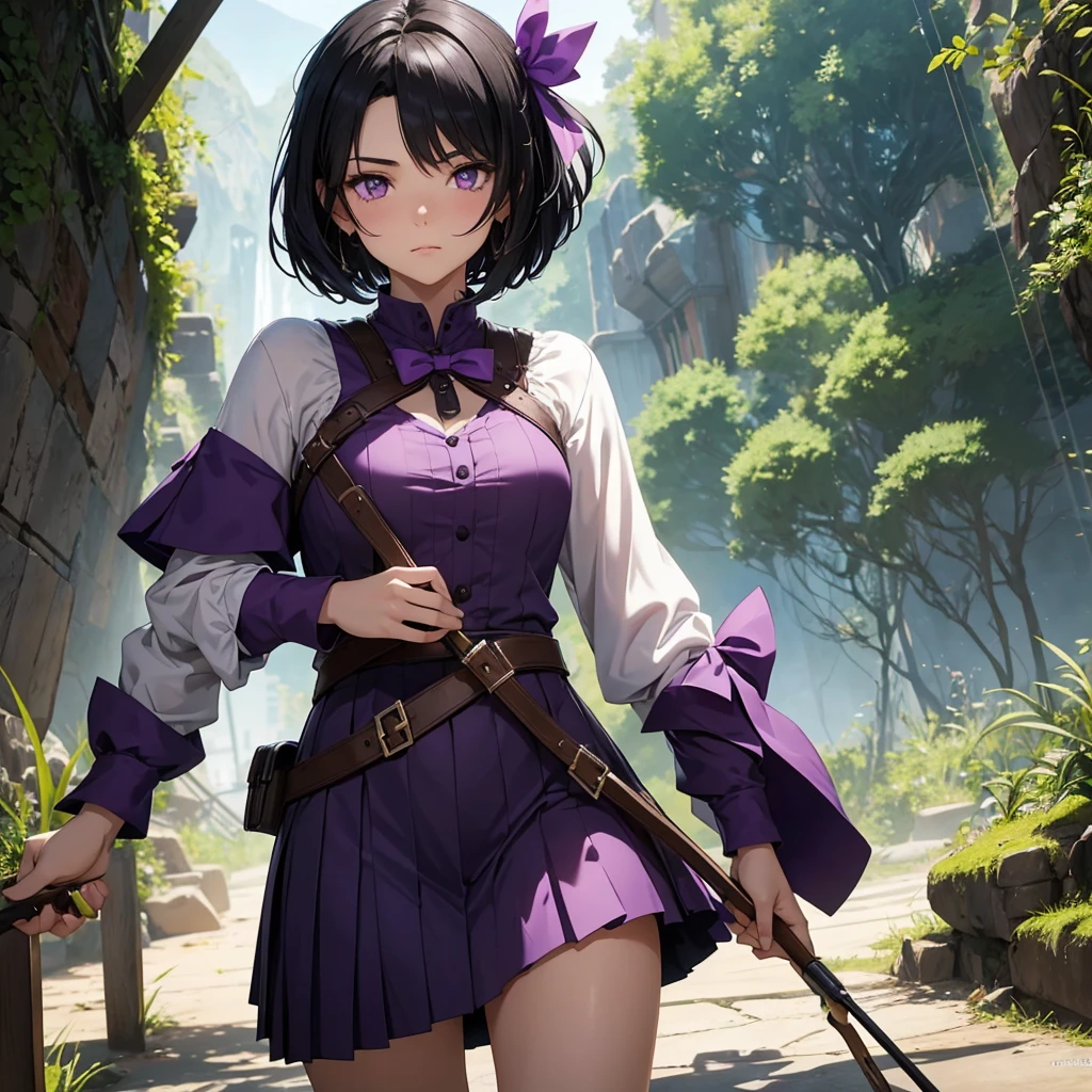 a girl with short jetblack hair and purple eyes like amethyst, she is an Archer and an Alchemist in a magical world she is , don't make her look sexy , and fucos more on her facial features.
she have white skin and also a cute face . The position is she Reeling the bow. This picture would be used as a profile on discord 