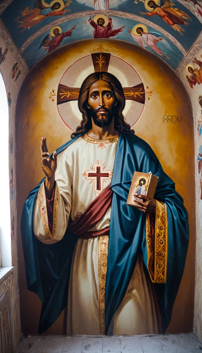 black jesus christ, Orthodox painted on the interior wall of a Rortch church 