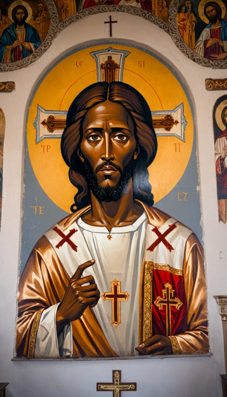 black jesus christ, Orthodox painted on the interior wall of a Rortch church
