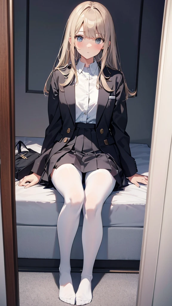 Top quality, masterpiece, High resolution, (Head to toe full body), front, frontやや下からの構図, Symmetric, Tall 18 year old girl, alone, (Head to toe), (Small breasts), bangs, (black tights), (Black Pantyhose), (Sit with your legs apart), (Crouching pose), (A composition showing white panties), (Her legs were spread、I see your white pants.), (I was made to sit on the floor with my legs spread..), (M-shaped legs), Thin legs, A very beautiful and tall 18 year old girl, (No shoes), blush, Shy big eyes, looking at the camera, Blazer Uniform, Checkered Pleated Skirt