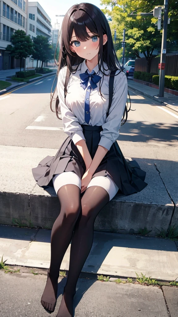 Top quality, masterpiece, High resolution, (Head to toe full body), front, frontやや下からの構図, Symmetric, Tall 18 year old girl, alone, (Head to toe), (Small breasts), bangs, (black tights), (Black Pantyhose), (Sit with your legs apart), (Crouching pose), (A composition showing white panties), (Her legs were spread、I see your white pants.), (I was made to sit on the floor with my legs spread..), (M-shaped legs), Thin legs, A very beautiful and tall 18 year old girl, (No shoes), blush, Shy big eyes, looking at the camera, Blazer Uniform, Checkered Pleated Skirt