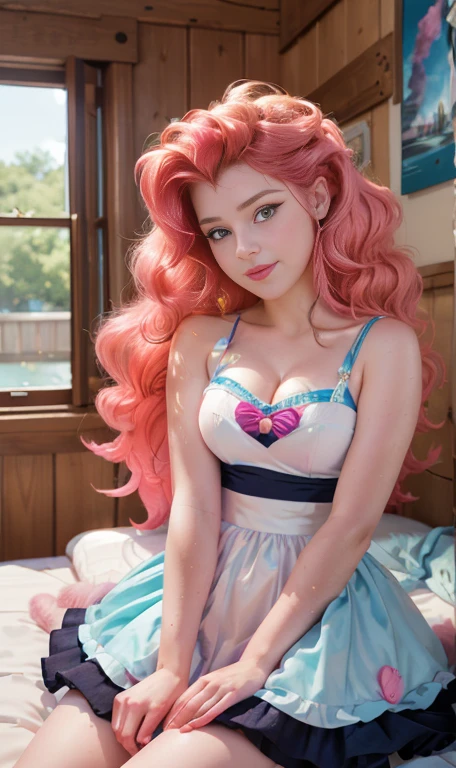 Photo oF a 18 year-old American girl, .RAW, beautiful woman, ((detailed face:1.2)), ((Detailed facial features)), (finely detailed skin), pale skin , freckles on cheeks , blue eyes , small nose, 、a sexy(color fresco), wet, wet, ReFlectoreasutepiece) (perfect proportions realistic)(The best quality) (detailed) Photographed with a Canon EOS R5, 50mm lens, F/2.8, NFFSW, (8k) (wallpaper) (cinematic lighting) (dramatic lighting) (sharp focus) (Convoluted) BIG BREASTS , big breasts ,whole body , beautiful age body ,cute makeup , blue eye shadow, big smile ,varied background , fluffy pink hair , fluffy pink fur , mlp , pinkie pie , Equestria girls , wear pinup dress , wears beautiful red pinup style dress , Beautiful smile , happy , foto whole body , vailando , JUMPING ,happy , posing lying in bed