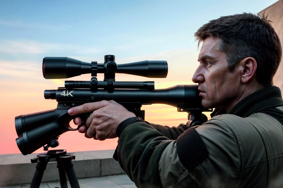 1boy, middle aged Ukrainian Sniper, he holds sniper rifle, prone, from side, wide shot, outdoor, looking in scope, cinematic angle, realistic, hyper-realistic, photorealistic, (best quality,4k,8k,highres,masterpiece:1.2),ultra-detailed,(realistic,photorealistic,photo-realistic:1.37),vivid colors,dramatic lighting,