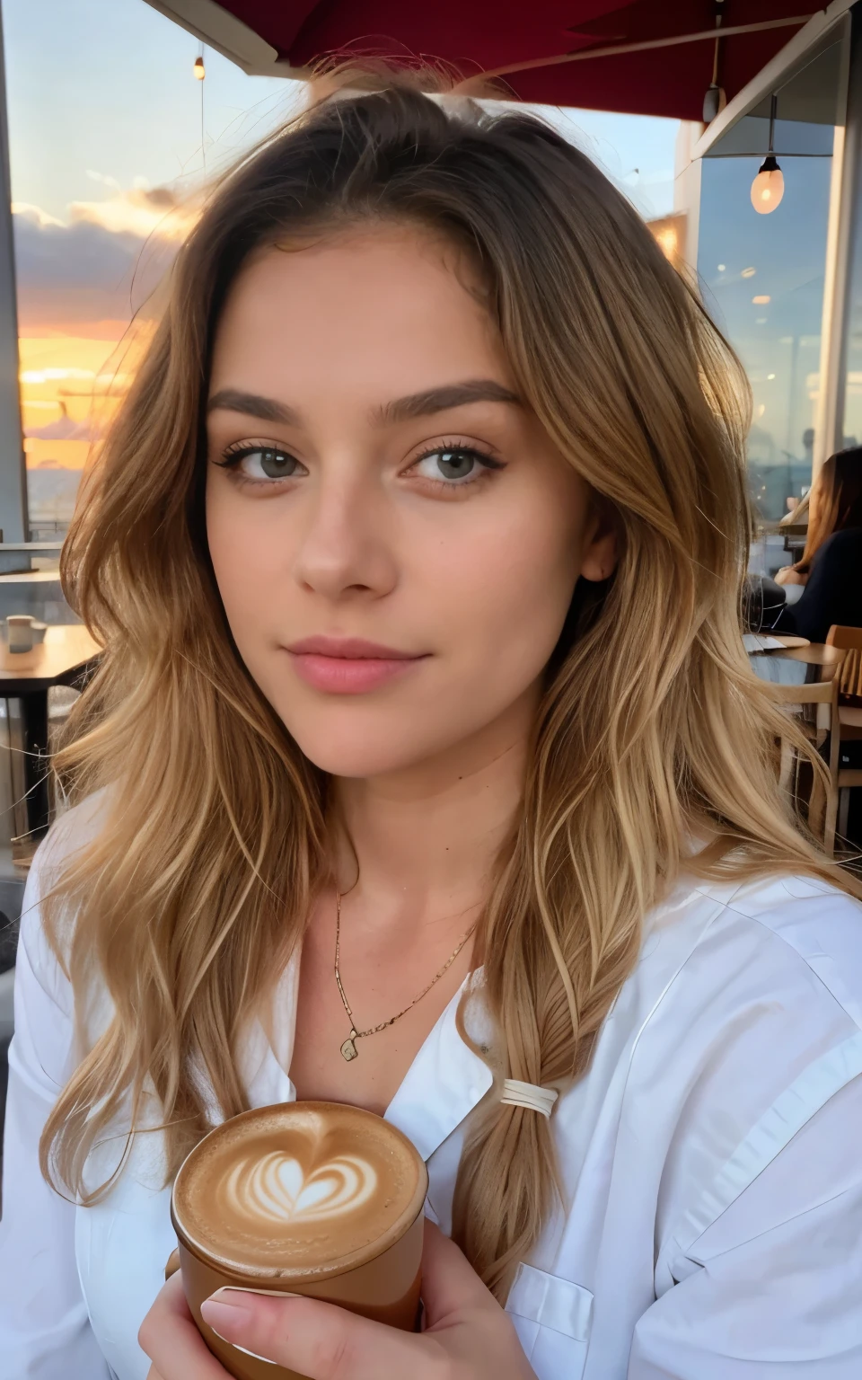 Selfie, belle blonde portant un pull rose (sipping coffee in a modern cafe at sunset), very detailed, 21 ans, Visage innocent, natural wavy hair, yeux bleus, high resolution, chef-d'artwork, Best quality, Intricate details, very detailed, Sharpness, detailed skin, Realistic skin texture, texture, detailed eyes, professionnel, 4k, Sourire charmant, shot with Canon, 85mm, faible profondeur de champ, Kodak Vision Couleur, corps parfaitement ajusté, Extremely detailed, Photo_\(ultra\), photoRealistic, Realistic, Post-traitement, maximum detail, roughness, vrai vie, ultra Realistic, photorealism, la photographie, 8K UHD, la photographie
