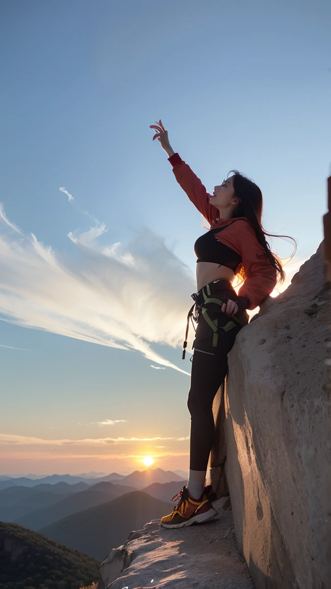 no, Ray tracing, Radio City, Anisotropic filtration, 16,000, best quality, 1 woman, alone, mature, beautiful mountain climber, Hiking clothing, Gradient long hair, climbing equipment、laugh、sunset、big breasts 、 (Taking pictures from the rocks below her) (Taken from below, elevated angle shot)