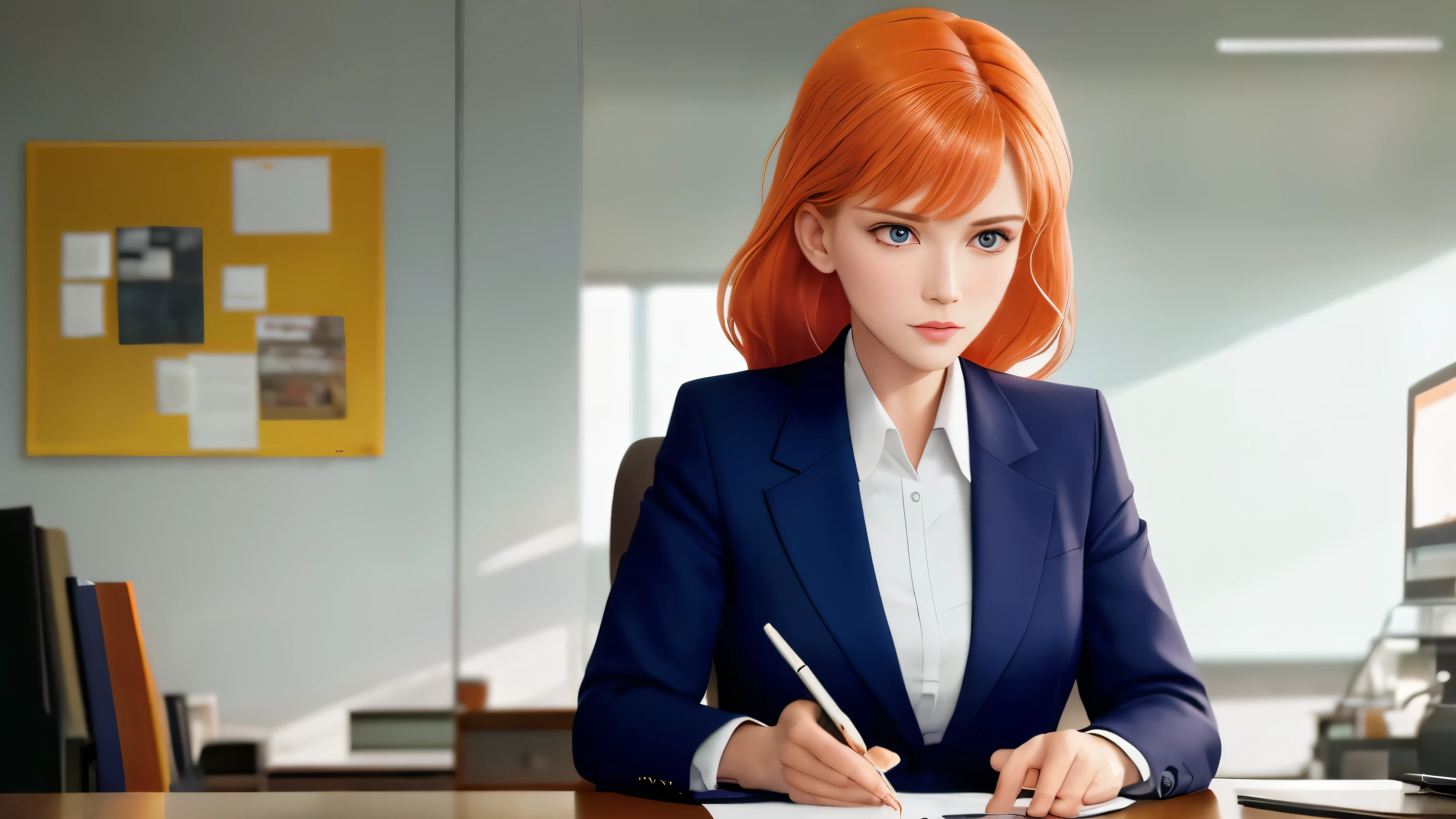 /draw orange hair woman green eyes sitting at desk talking on telephone with computer monitor, 1 9 8 0 s vaporwave business fashion, business woman, 1 9 8 0 s woman, woman in business suit, young business woman, denis velleneuve, female in office dress, sat at her desk, female lawyer, wearing a strict business suit, serious business, working hard, portrait of kim wexler